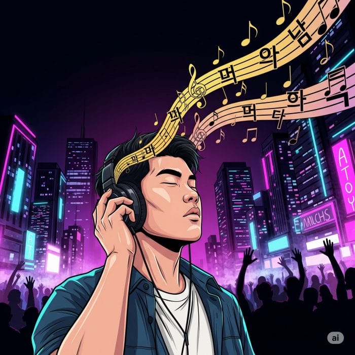 ヘッドフォンでK-POPを聴いている若者のダイナミックなイラスト。「니가」という文字が音符と共に流れている。