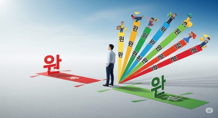 岐路に立ち、一つの少し魅力に欠ける選択肢ともう一方の複数の魅力的な選択肢を見比べる人物のイラスト