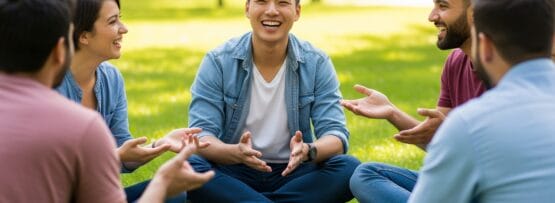 晴れた日に木々を背景に、人々が公園の芝生の上に輪になって座り、会話をしたり笑顔で韓国語を練習したりしています。.