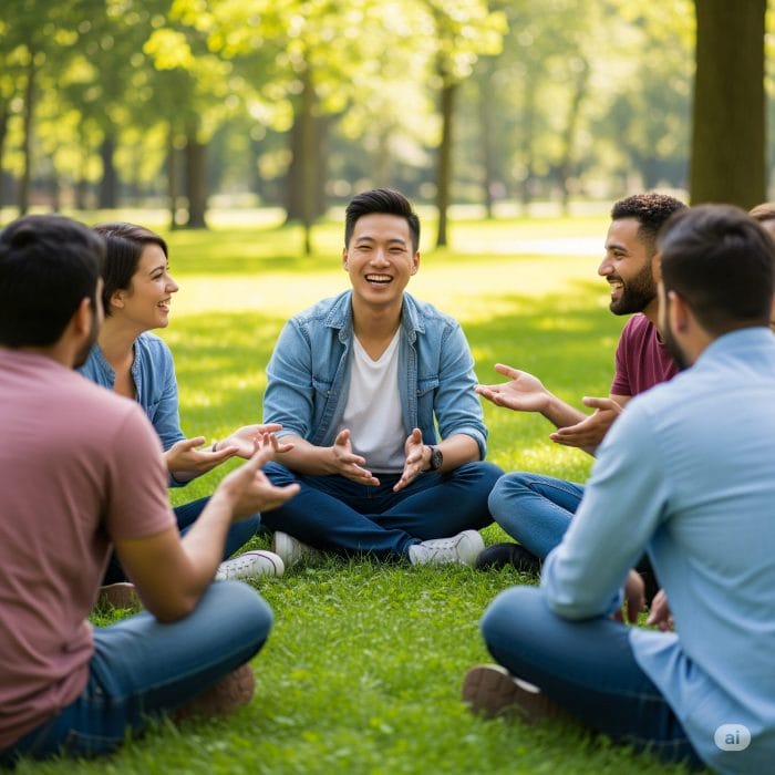 カフェで友人同士が楽しそうに韓国語で会話している様子。テーブルには飲み物とノートがある。