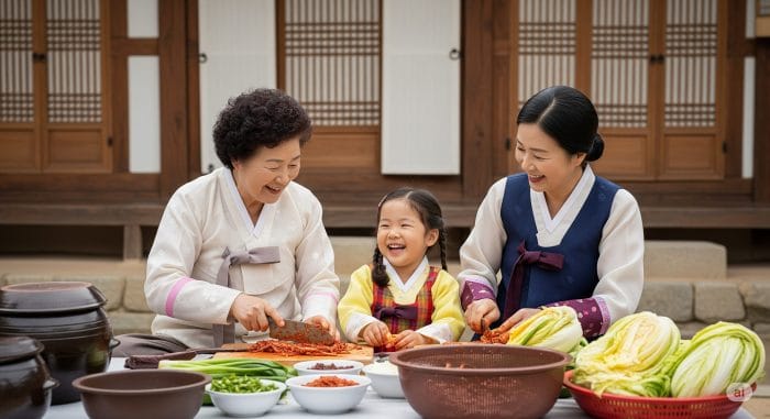 祖母、母、娘の三世代が、屋外で楽しそうに一緒にキムチを漬けている心温まる写真。