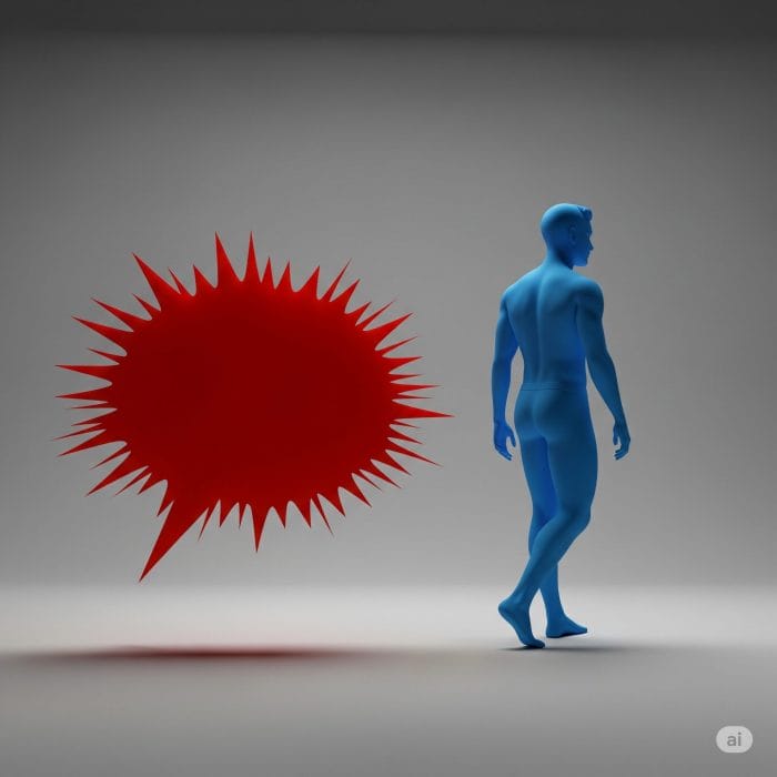 攻撃的な赤い吹き出しから背を向けて歩き去る穏やかな青い人型のシルエット