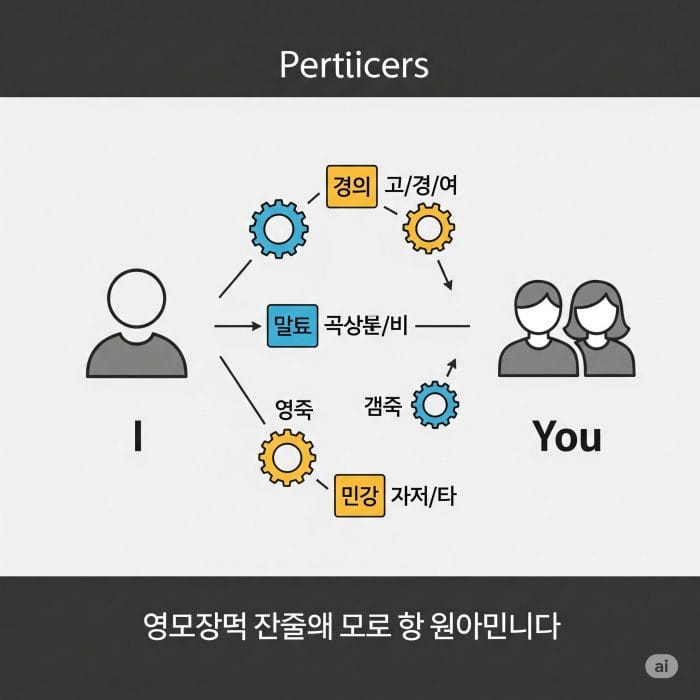 「私」と「あなた」のアイコンが、「は」「を」「の」といった助詞のブロックで繋がっているインフォグラフィック。