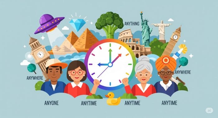 多様な人々、様々な物、世界中のランドマーク、回転する時計が楽しげに描かれたカラフルなイラスト