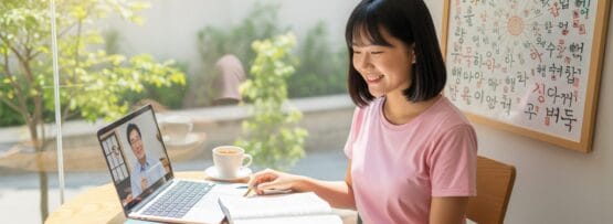 女性が本とノートが置かれたテーブルに座り、ノートパソコンでオンラインレッスンを受講している。彼女の横にはコーヒーカップがあり、窓からは日光が差し込んでいる。.