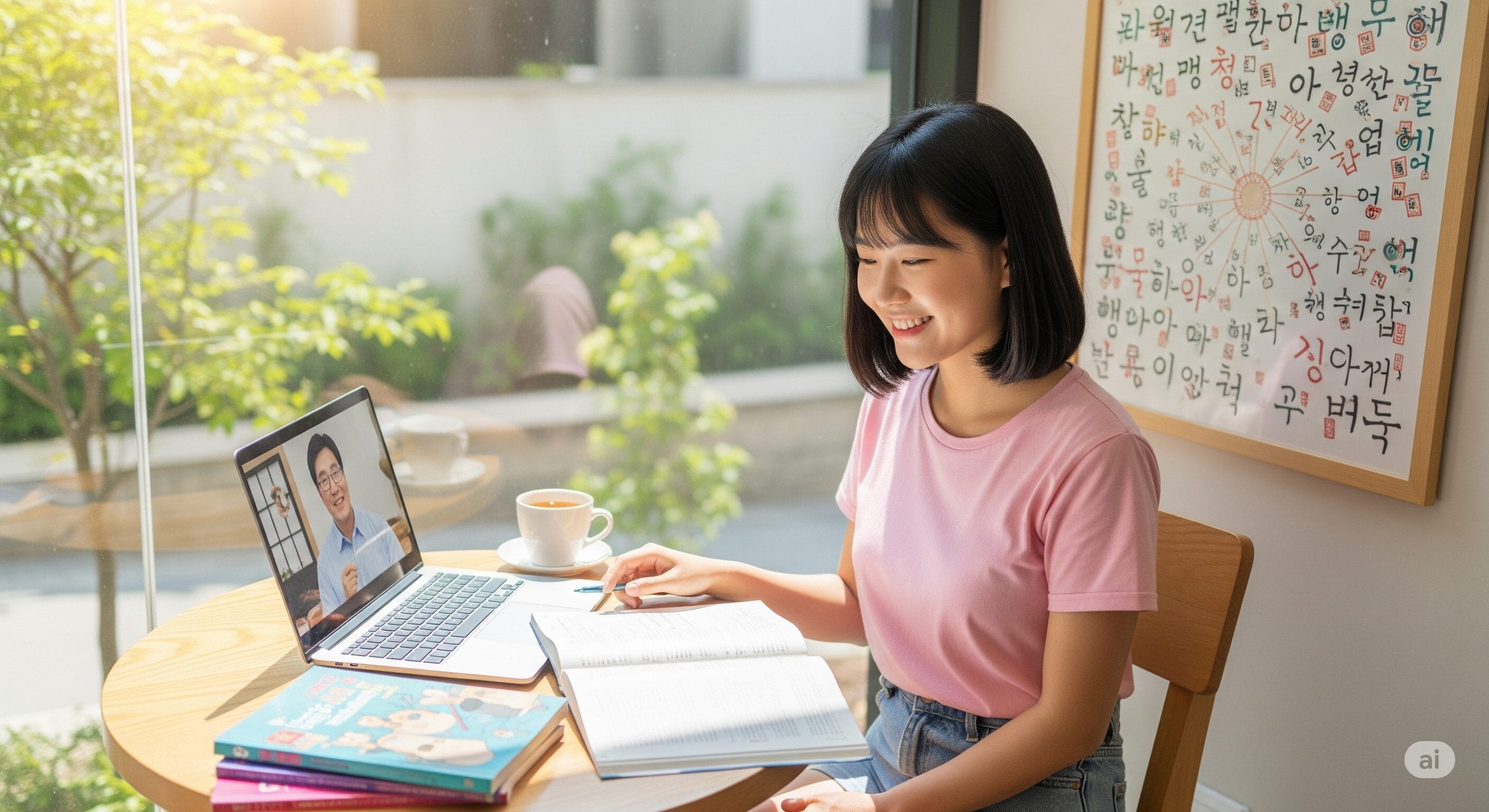 女性が本とノートが置かれたテーブルに座り、ノートパソコンでオンラインレッスンを受講している。彼女の横にはコーヒーカップがあり、窓からは日光が差し込んでいる。.