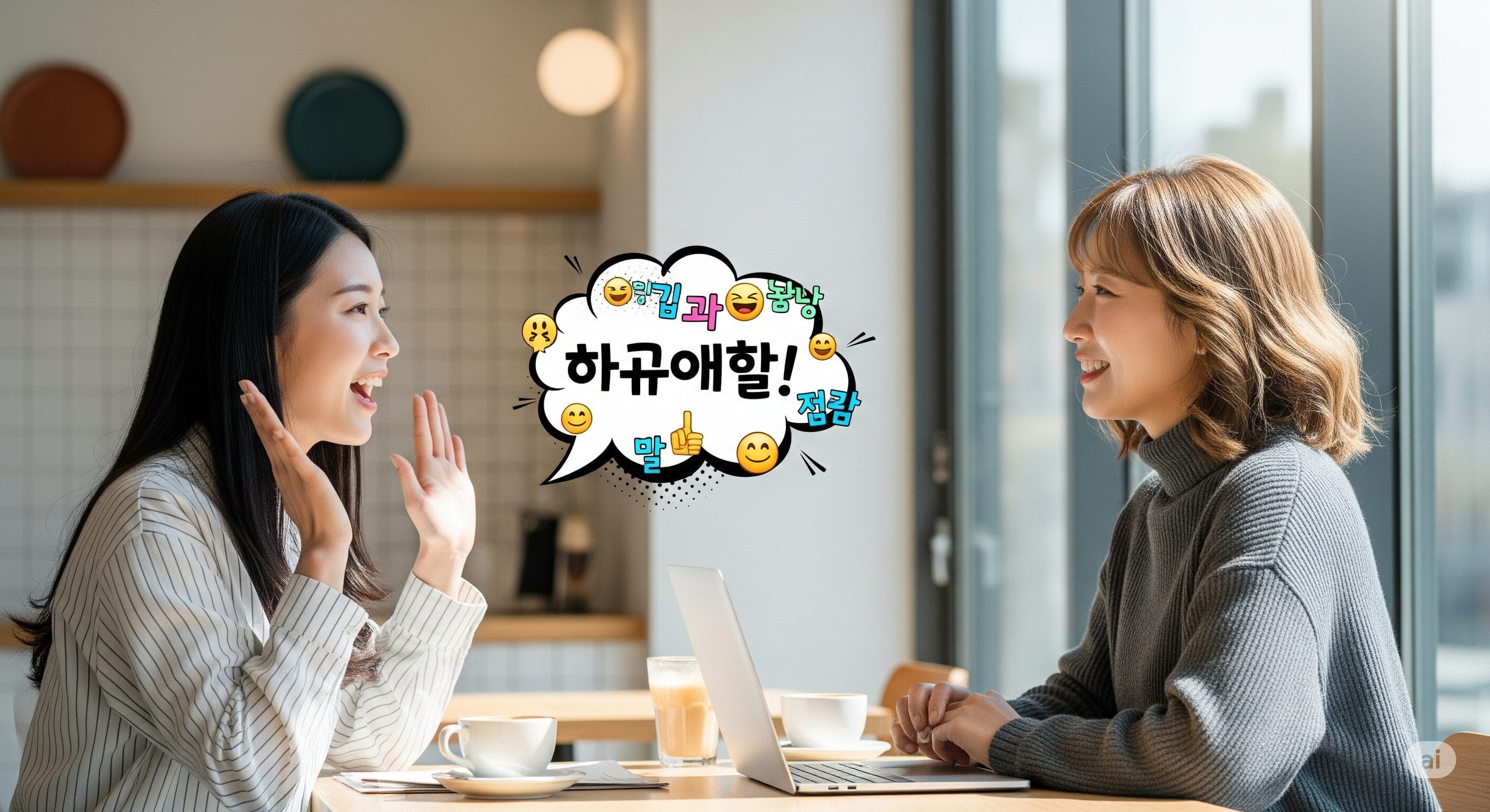 二人の女性がカフェのテーブルで微笑みながら話し、その間に韓国語のテキストと遊び心のあるグラフィックが表示されている。.