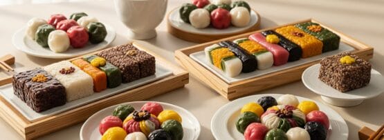 色とりどりの韓国餅やお菓子の詰め合わせが、テーブルの上の皿や盆に整然と並べられている。.