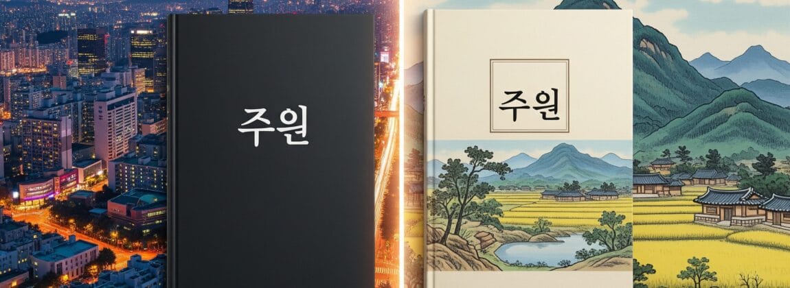 韓国語のタイトルの本が 2 冊展示されています。1 冊は夕暮れの街並みを背景に、もう 1 冊は伝統的な田舎の風景を背景に展示されています。.