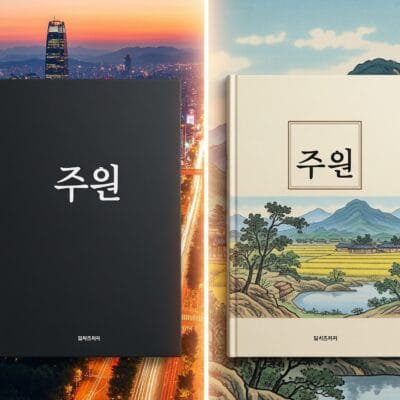 韓国語のタイトルの本が 2 冊展示されています。1 冊は夕暮れの街並みを背景に、もう 1 冊は伝統的な田舎の風景を背景に展示されています。.