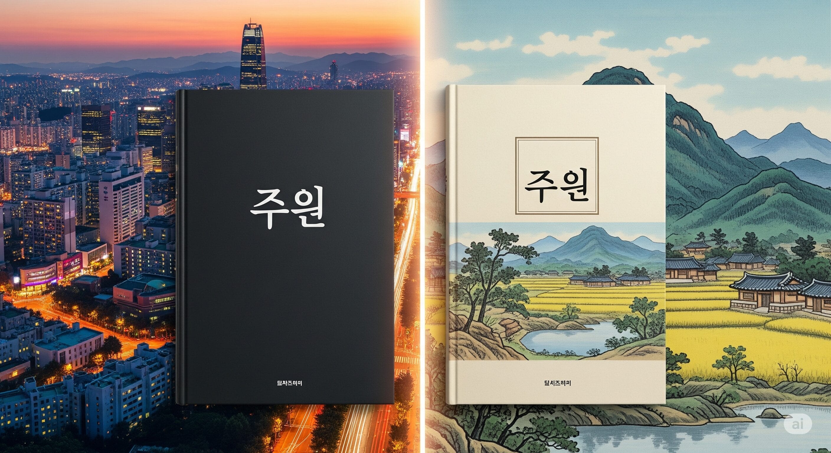 韓国語のタイトルの本が 2 冊展示されています。1 冊は夕暮れの街並みを背景に、もう 1 冊は伝統的な田舎の風景を背景に展示されています。.