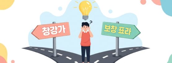 韓国語の標識と頭上に電球が付いた分岐路に人が立っていて、2 つの道のどちらかを決めようとしているように見えます。.