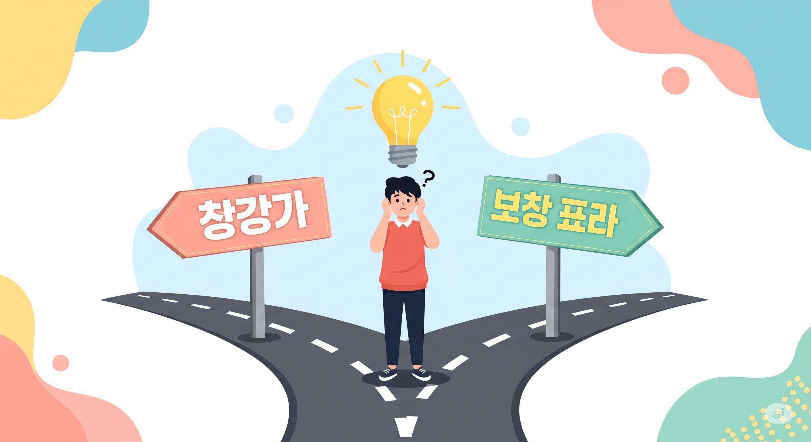 韓国語の標識と頭上に電球が付いた分岐路に人が立っていて、2 つの道のどちらかを決めようとしているように見えます。.