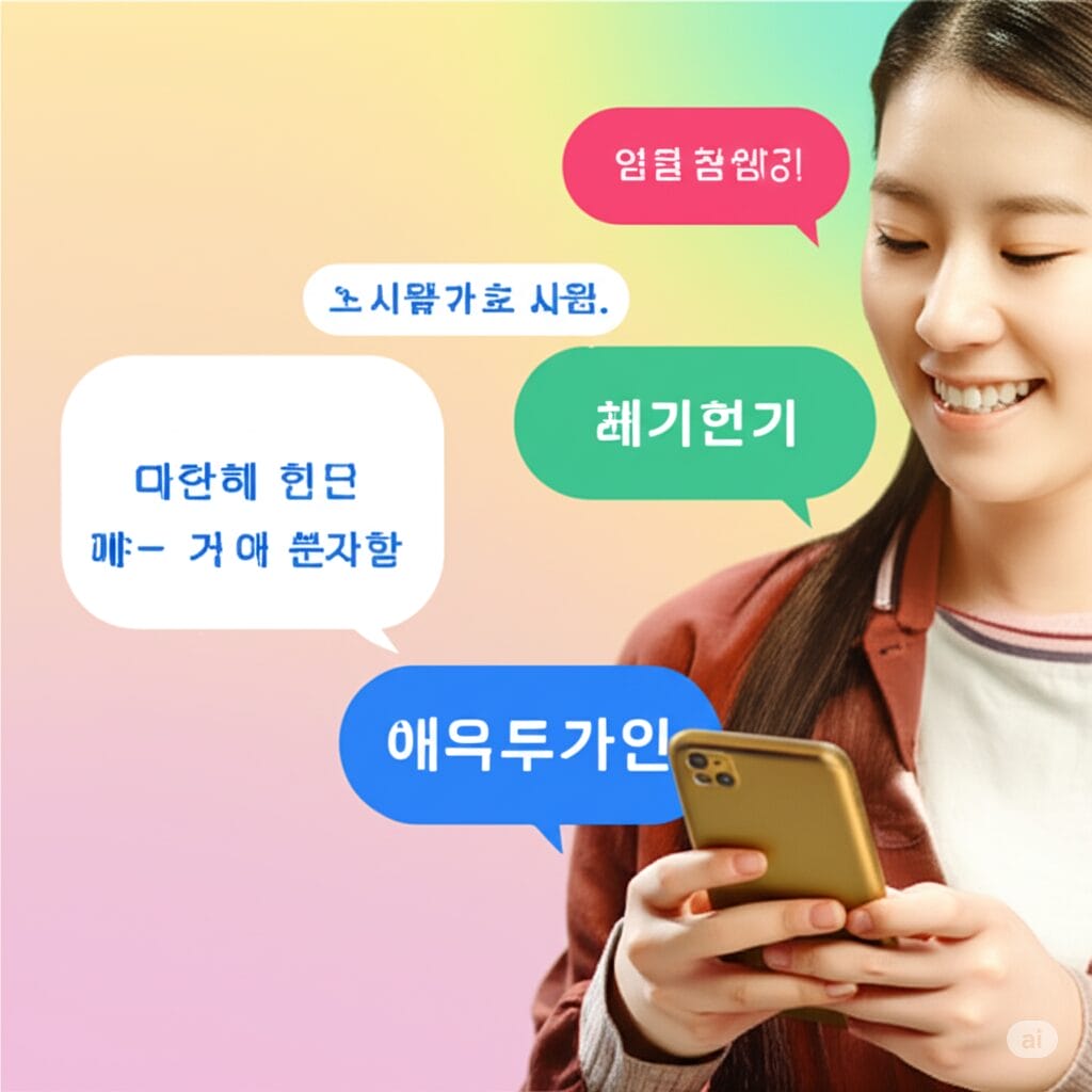 若い女性がスマートフォンを使いながら微笑んでいます。パステルカラーのグラデーションの背景に、彼女の周りにカラフルな韓国語の吹き出しが表示されています。.