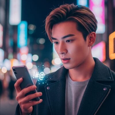 夜の街路で、ネオンライトと電飾看板を背景に、若い男性が驚きながら携帯電話を見つめている。彼の携帯電話の近くにデジタルシンボルが浮かび上がっている。.