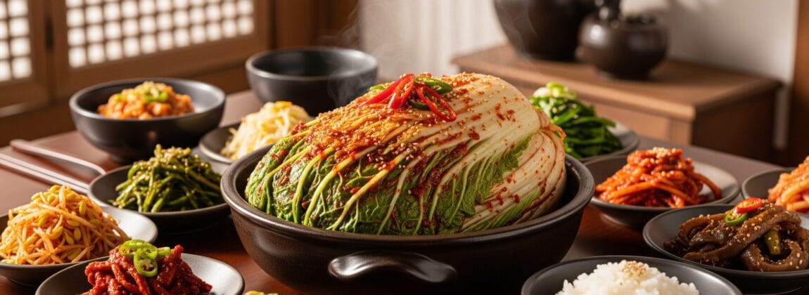 さまざまな韓国のおかず、ご飯、大きなキムチのボウルが伝統的な食事のセッティングで並べられたテーブル。.