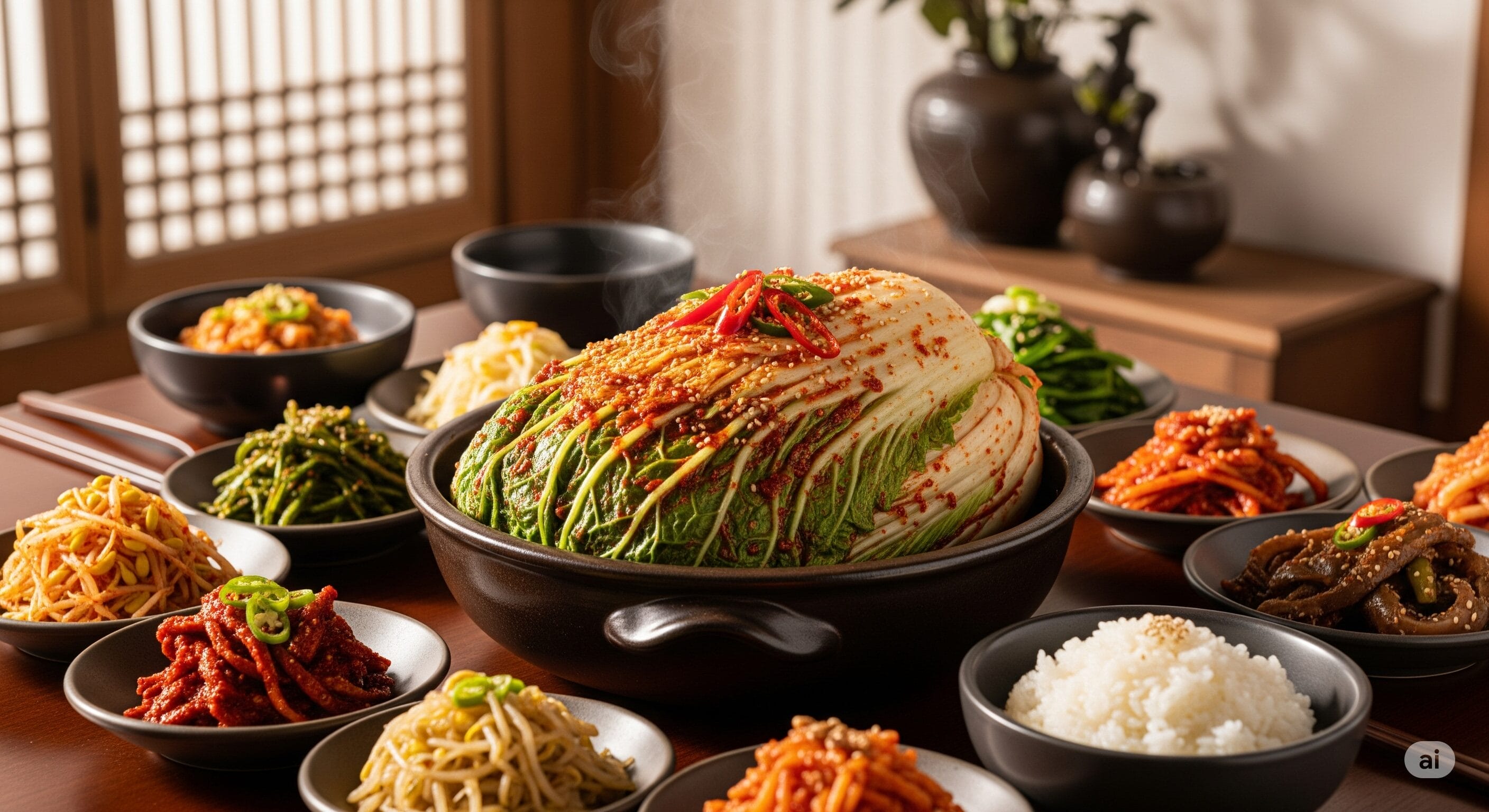 さまざまな韓国のおかず、ご飯、大きなキムチのボウルが伝統的な食事のセッティングで並べられたテーブル。.