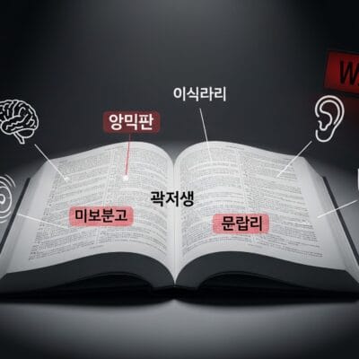 暗い背景にスポットライトの下で強調表示された、脳、耳、盾、警告記号を示す韓国語のラベルとアイコンが付いた開いた本。.