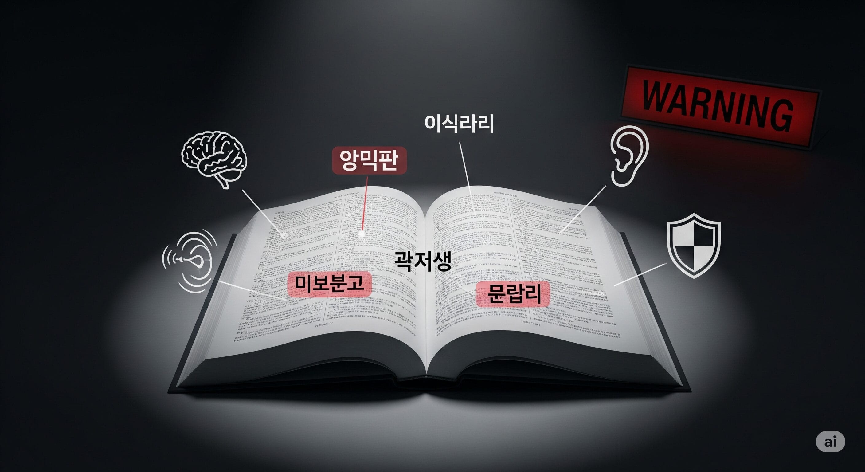 暗い背景にスポットライトの下で強調表示された、脳、耳、盾、警告記号を示す韓国語のラベルとアイコンが付いた開いた本。.