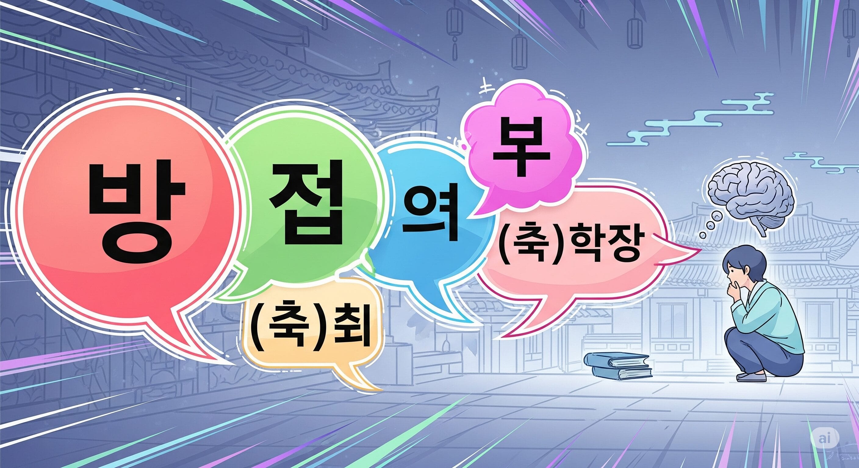 人物が本の横にひざまずくと、韓国語の文字が書かれた大きなカラフルな吹き出しが表示され、その上にイラストの背景を背に脳が浮かび上がります。.