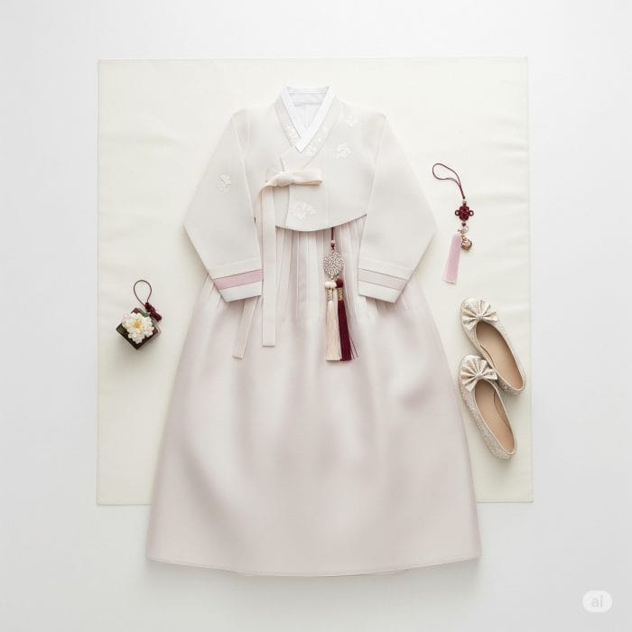 韓服の構成要素(チマ、チョゴリ、コルム)と小物(コッシン、ノリゲ)を並べた平置き画像