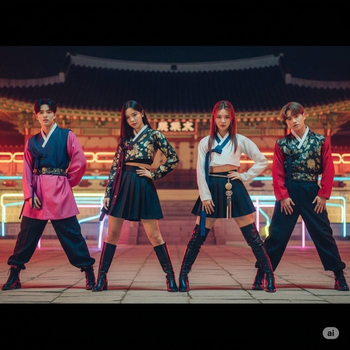 モダンな韓服を着てポーズをとるK-POPアイドルのグループ