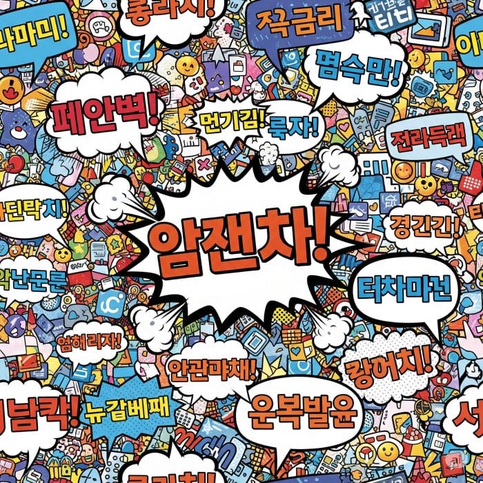 SNSのチャット画面で韓国語と日本語が混ざった「韓本語」が飛び交うポップなイラスト