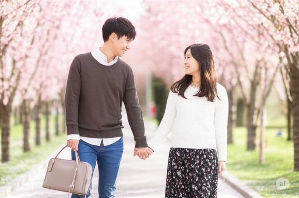 桜並木を手をつないで歩き、見つめ合って微笑む男女。. 桜並木を手をつないで歩き、見つめ合って微笑む男女。.