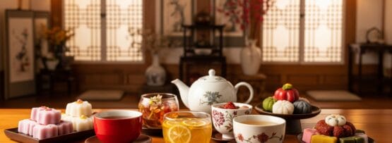 木製のテーブルには、様々なアジアの伝統的なお茶と色とりどりのデザート、ティーポットとカップがセットされ、木製の装飾と紙パネルの窓がある部屋に置かれている。.