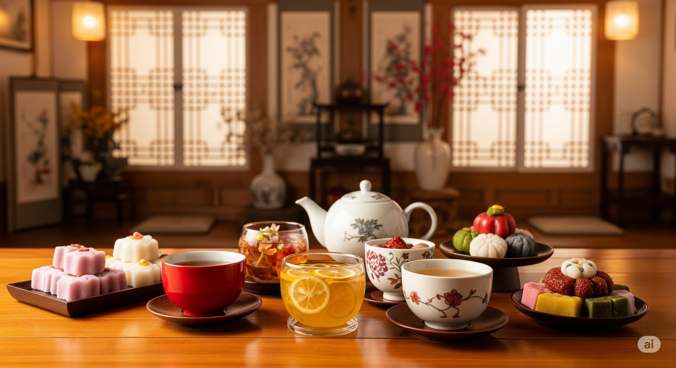 木製のテーブルには、様々なアジアの伝統的なお茶と色とりどりのデザート、ティーポットとカップがセットされ、木製の装飾と紙パネルの窓がある部屋に置かれている。.