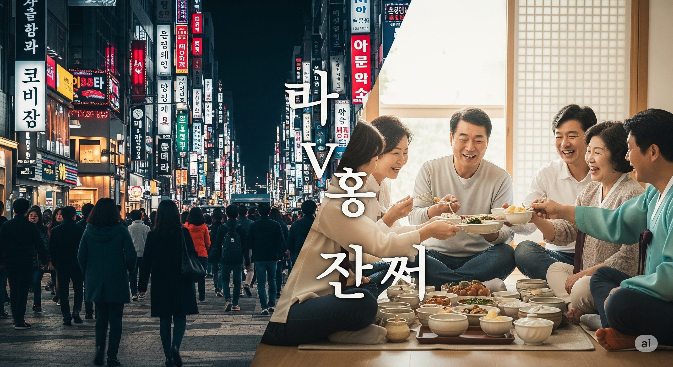 家族でテーブルを囲み、韓国料理を楽しんでいる様子が、人通りと明るい看板で溢れる夜の街並みに重なっている。韓国語のテキストが画像の上に表示される。.