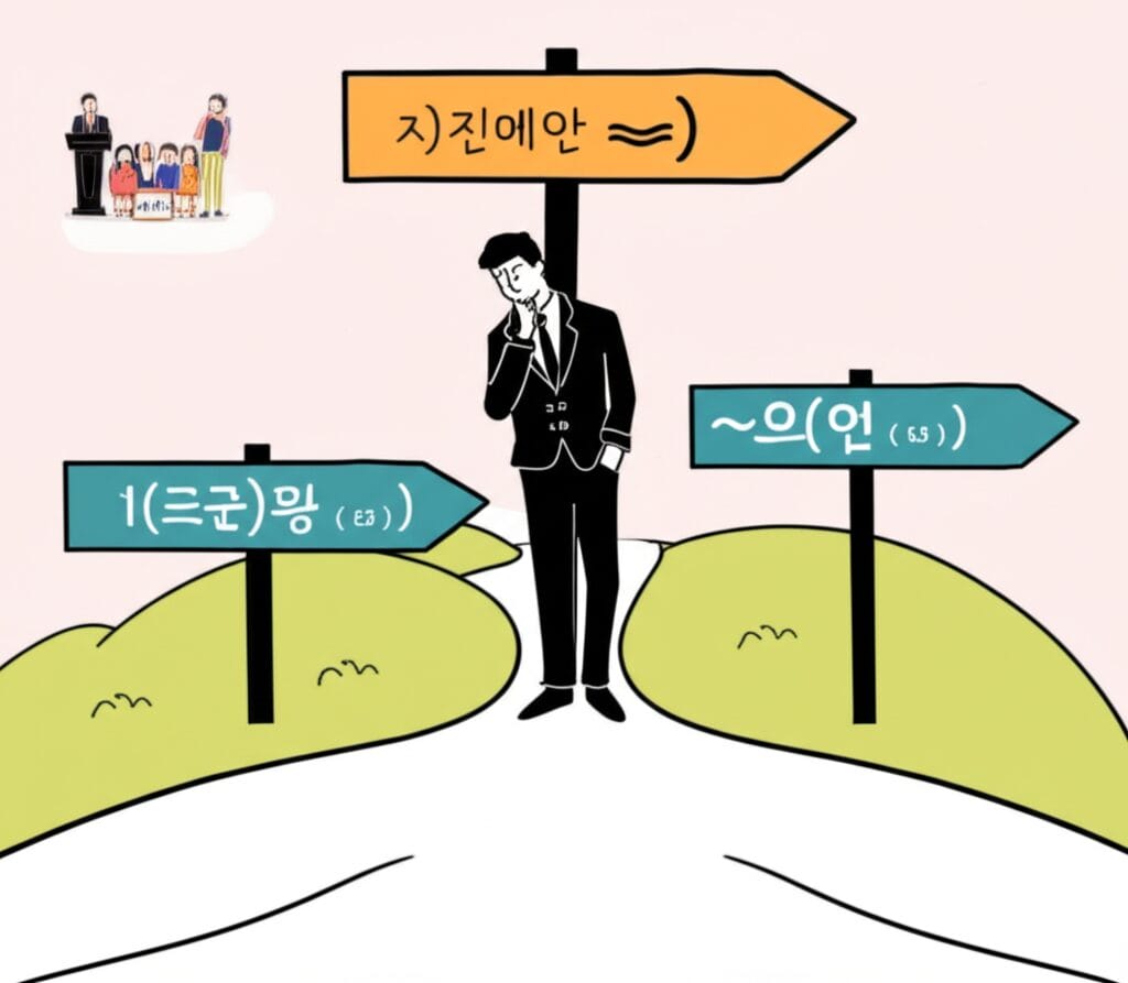 ハングルの文字と数字が書かれた標識がそれぞれの道を示している。左上には小さな家族のイラスト。.