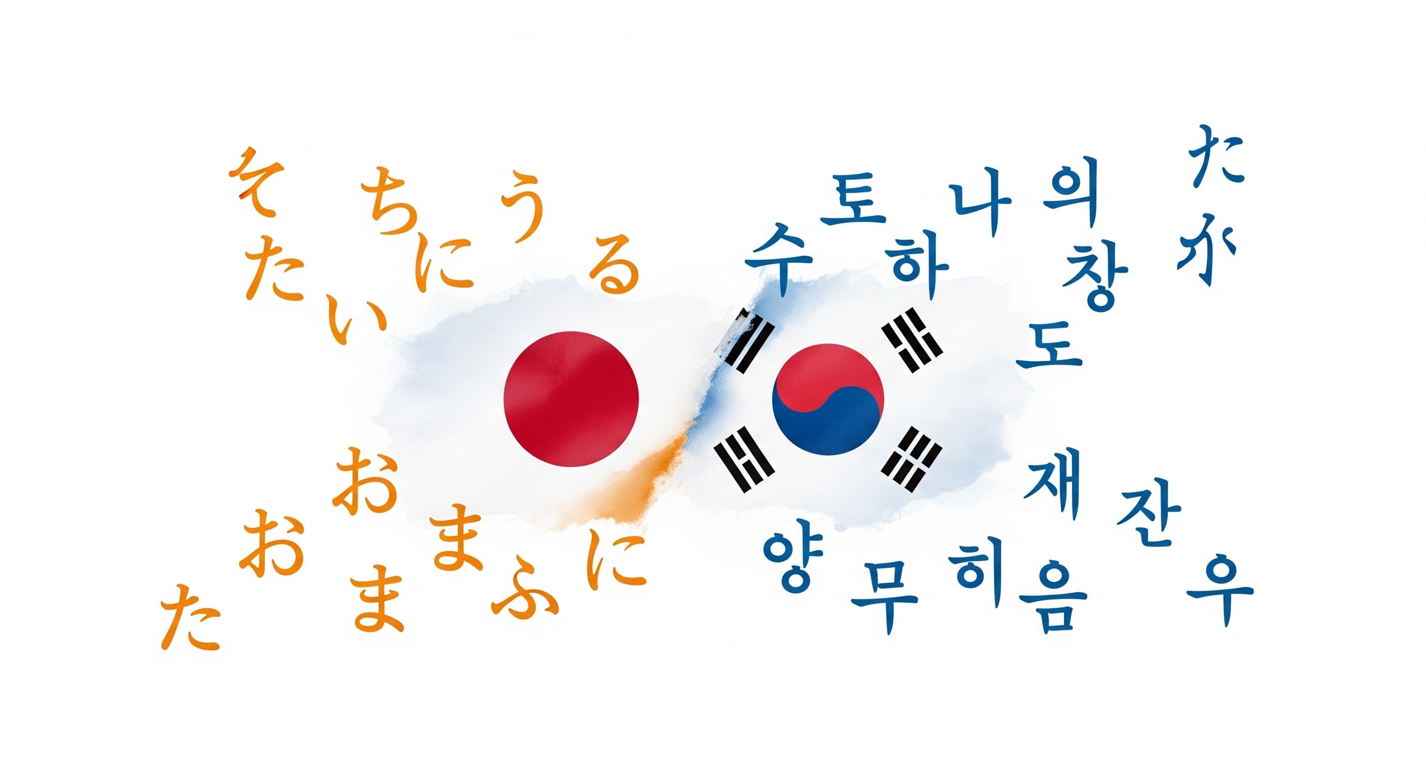 日本と韓国の国旗を囲むように、左側には日本のひらがな、右側には韓国のハングルが描かれている。.
