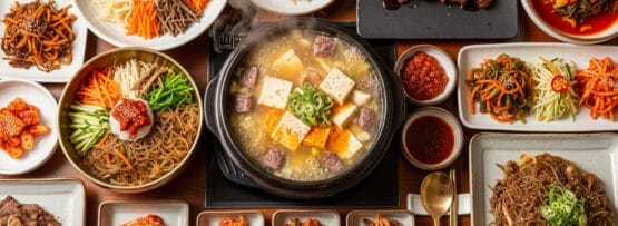 どんぶり、焼き肉、キムチ、チゲ、おかずなど、韓国料理の盛り合わせがテーブルに並ぶ。豆腐や野菜が入った中央の鍋から湯気が上がる。.