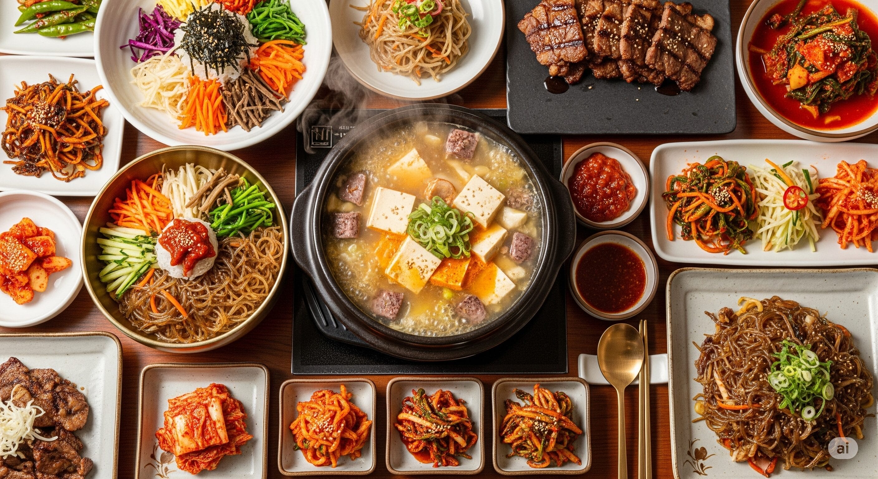 どんぶり、焼き肉、キムチ、チゲ、おかずなど、韓国料理の盛り合わせがテーブルに並ぶ。豆腐や野菜が入った中央の鍋から湯気が上がる。.