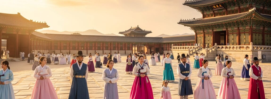 夕暮れ時、韓国の伝統的な韓服を着た人々が歴史的な宮殿の中庭に立つ。.