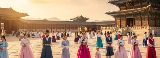 夕暮れ時、韓国の伝統的な韓服を着た人々が歴史的な宮殿の中庭に立つ。.