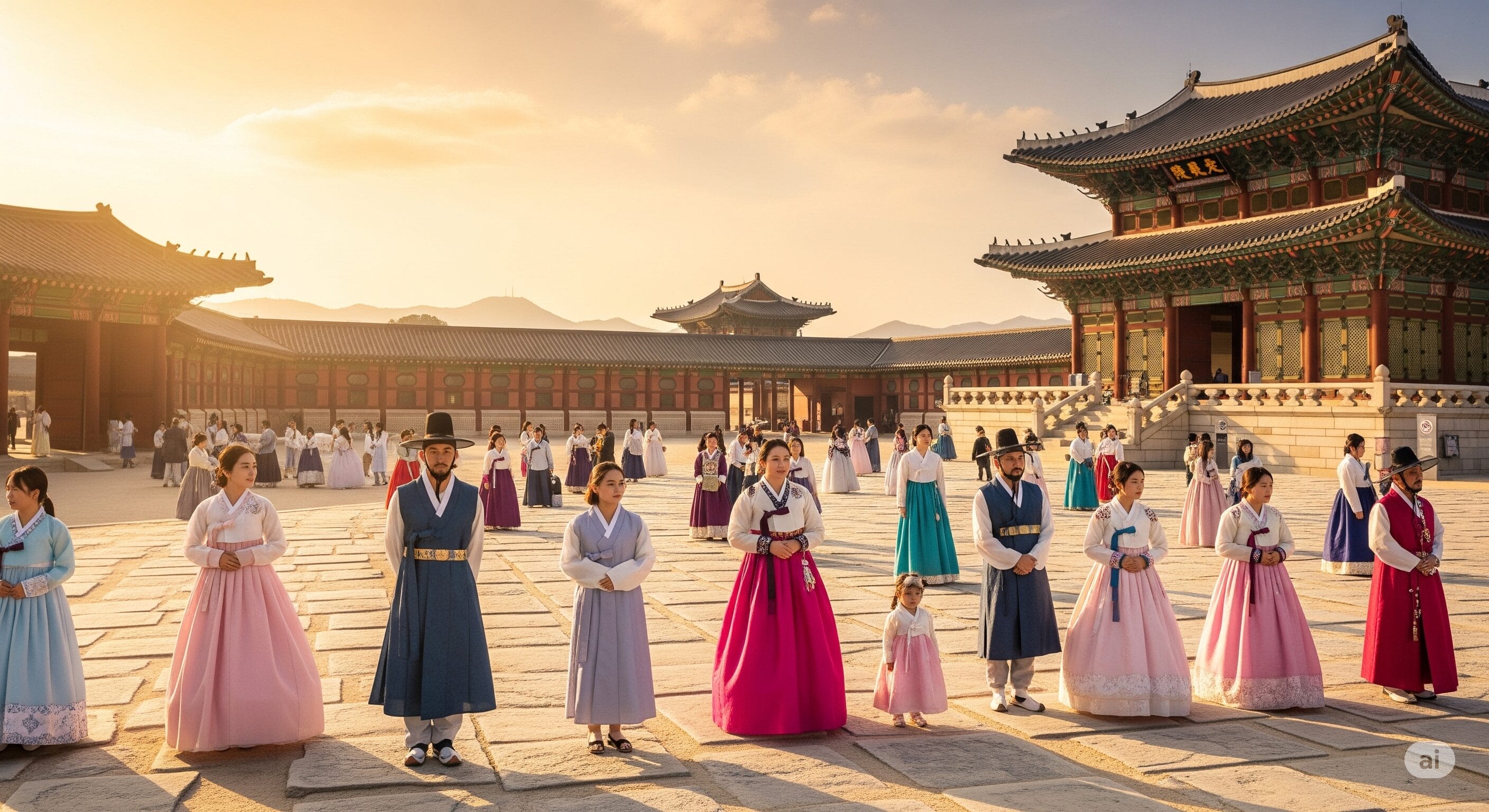 夕暮れ時、韓国の伝統的な韓服を着た人々が歴史的な宮殿の中庭に立つ。.