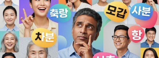 年齢も性別も異なるさまざまな人々が、さまざまな韓国語を含むカラフルな吹き出しとともに映し出される。.