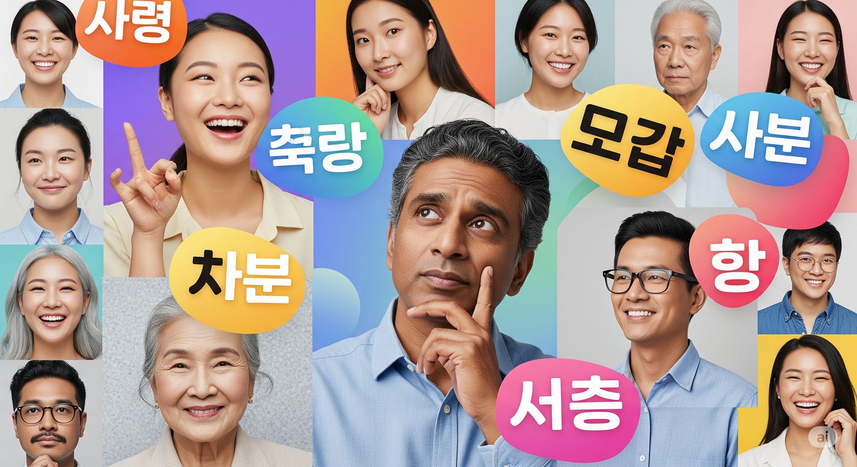 年齢も性別も異なるさまざまな人々が、さまざまな韓国語を含むカラフルな吹き出しとともに映し出される。.