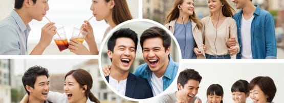 友人や家族が笑顔で笑い合い、屋外のさまざまな場所で食べ物や飲み物を分かち合うコラージュ。.
