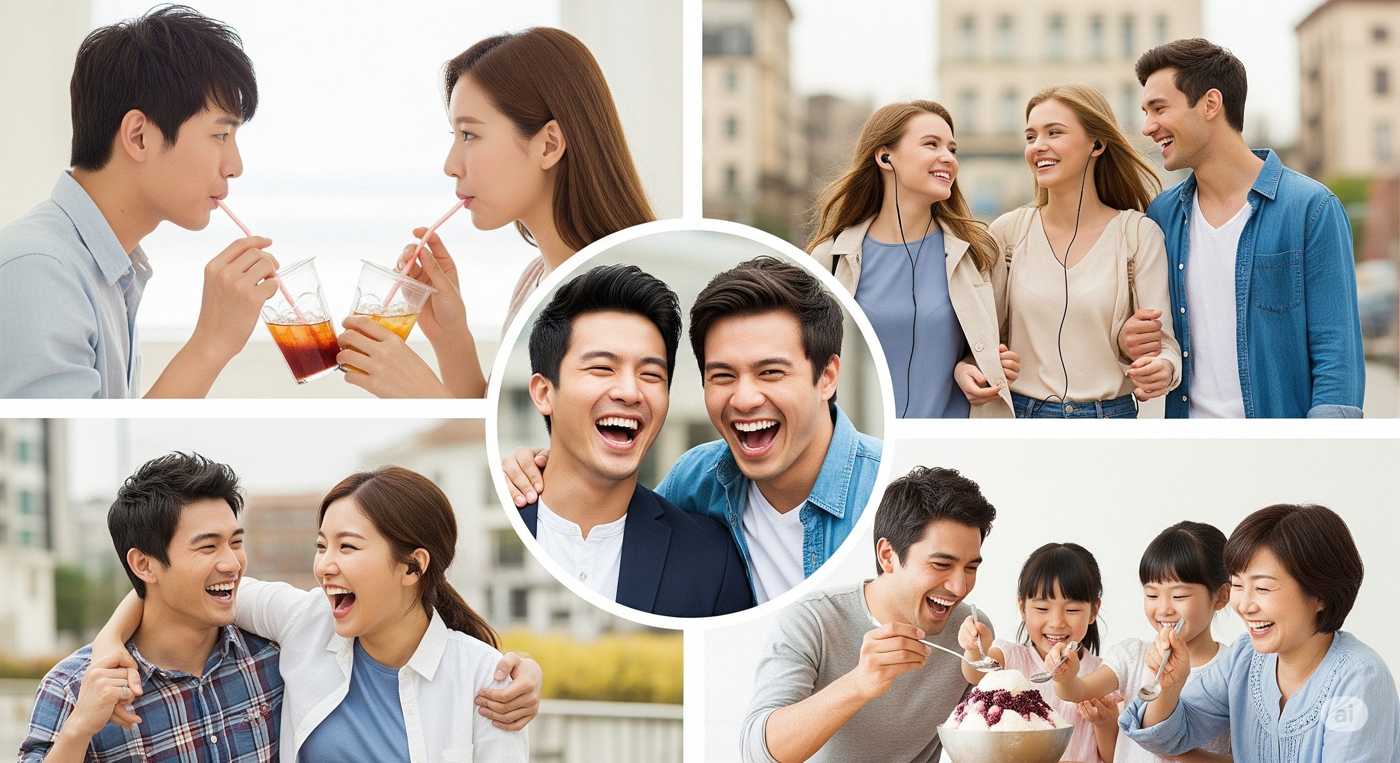 友人や家族が笑顔で笑い合い、屋外のさまざまな場所で食べ物や飲み物を分かち合うコラージュ。.