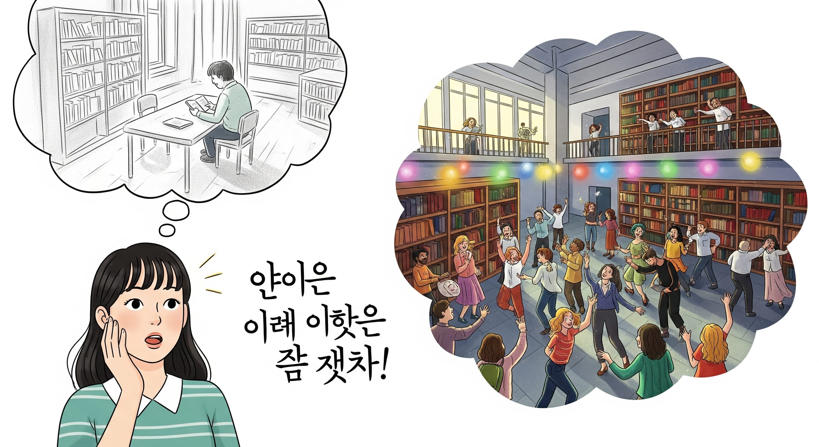図書館で一人勉強している女の子と、同じ図書館でパーティーをして盛り上がっている女の子。彼女の隣には韓国語のテキストが表示されている。.