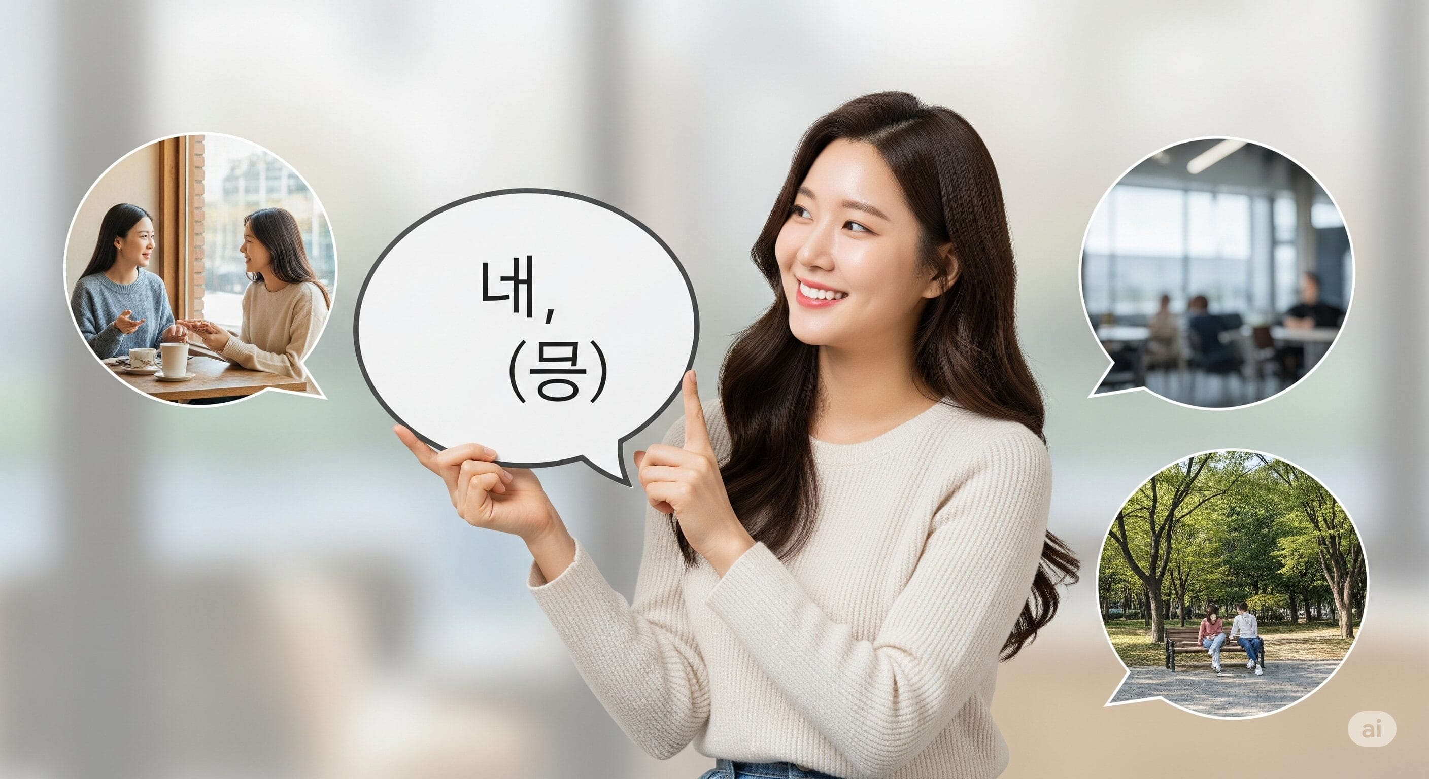 ハングルの吹き出しを指さす女性。その吹き出しの周りには、公園で話したり、働いたり、歩いたりする人々が描かれている。.