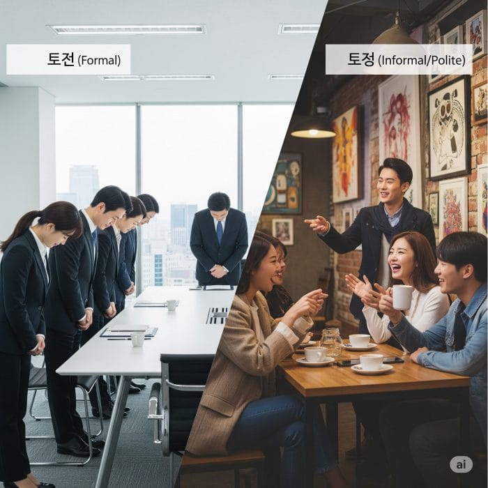 フォーマルなビジネスシーンとカジュアルなカフェでの会話シーンを対比させた画像