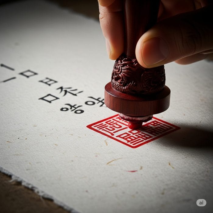 安重根の名言が書かれた韓紙に、力強く印鑑が押されている