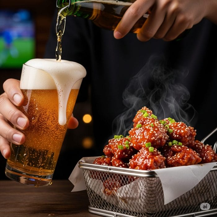 食欲をそそるヤンニョムチキンと、グラスに注がれる冷たいビールのクローズアップ