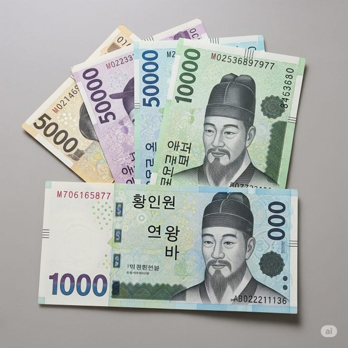 韓国の1000, 5000, 10000, 50000ウォン紙幣が綺麗に並べられている