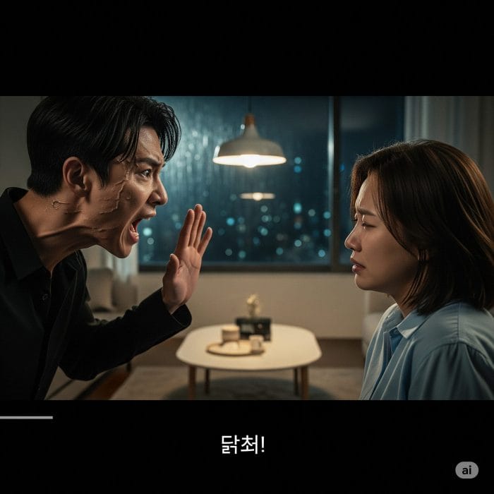 韓国ドラマの一場面のように、二人の人物が激しく口論しており、字幕で「닥쳐!」と表示されている