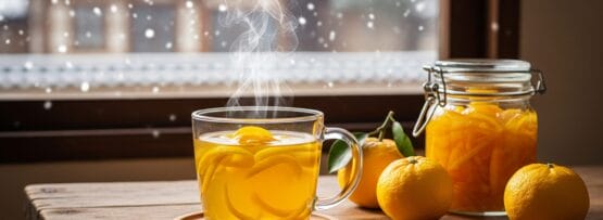 窓の外には雪が降り、木製のテーブルには湯気の立つ柚子茶と新鮮な柚子の実、柚子マーマレードの瓶が置かれている。.